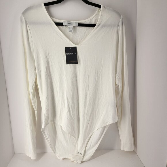 Forever 21 Women's Ivory Long Sleeve Bodysuit 1X Soft Stretchy Fabric - Picture 1 of 9